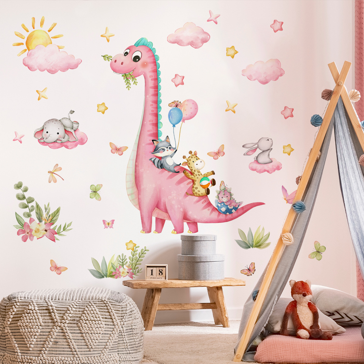 Baby Nursery Pink - 대형 만화 핑크 공룡 동물 공원