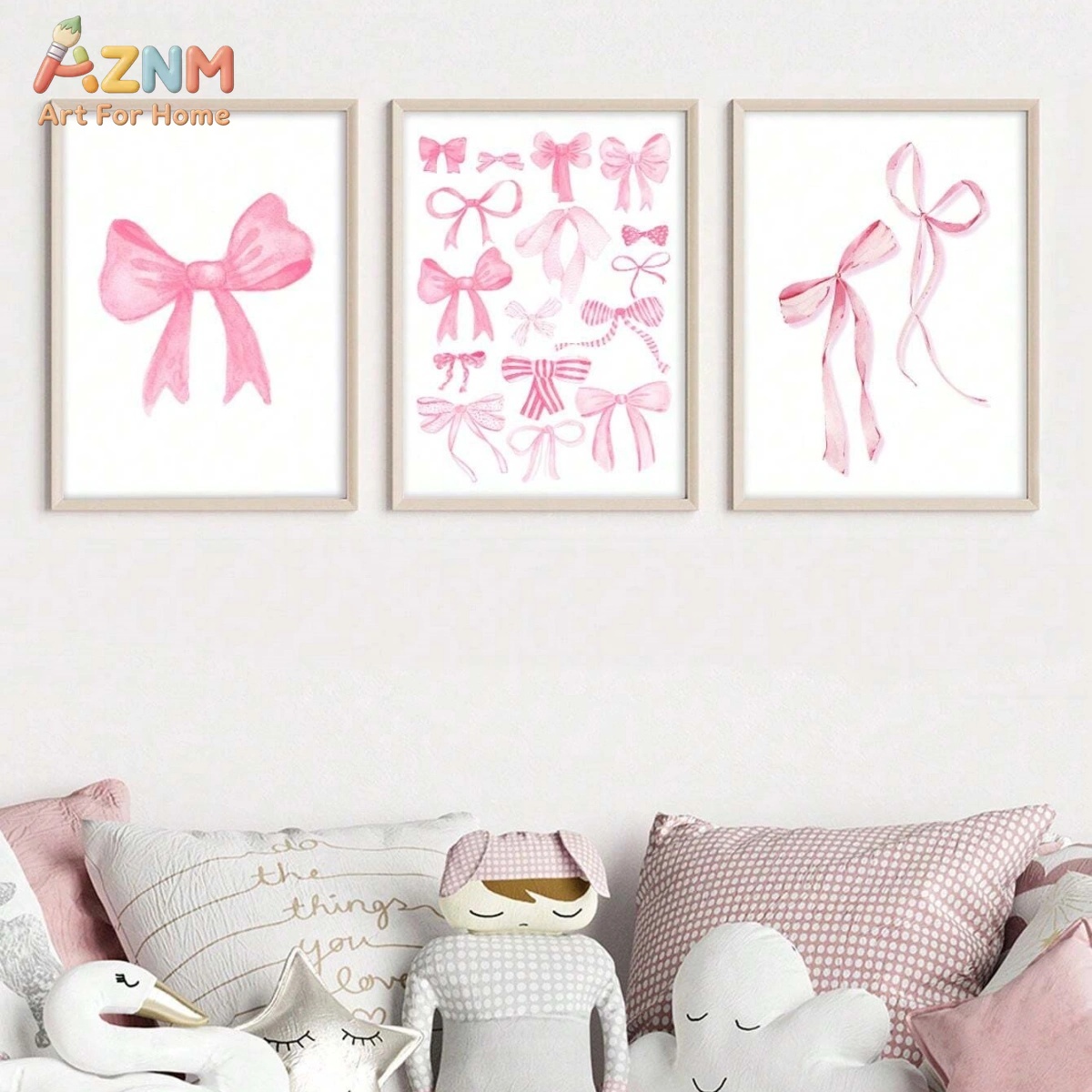 Baby Nursery Pink - 3PCS 핑크 수채화 리본 캔버스 벽