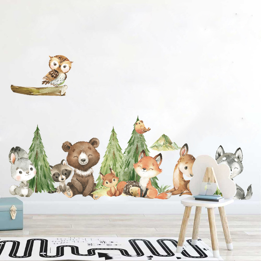 Baby Nursery Design - 만화 수채화 숲 동물 벽 스티커,