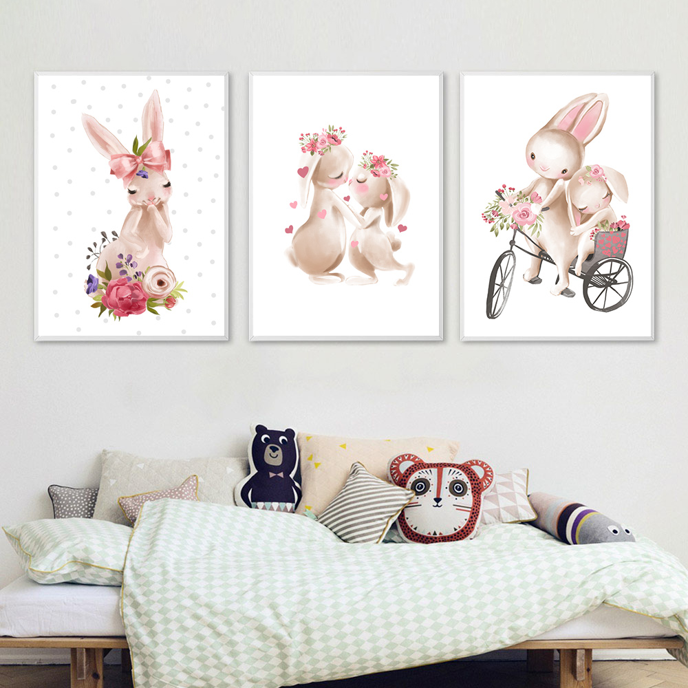 Baby Nursery Pink - 토끼 동물 프린트, 핑크 꽃 포스터,