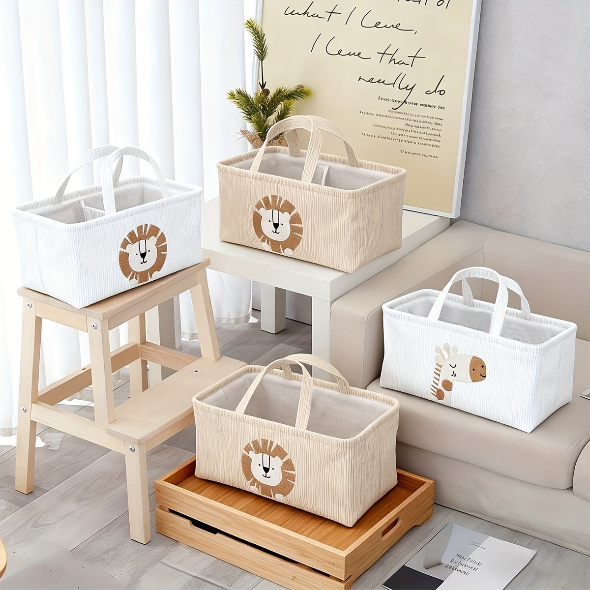Baby Nursery Organiser - 귀여운 사자 모양 기저귀 정리함, 접이식