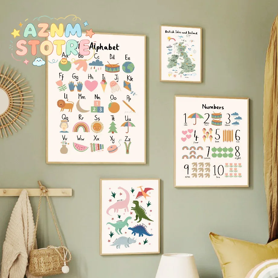 Baby Nursery Design - 동물 세계 지도 공룡 알파벳 숫자