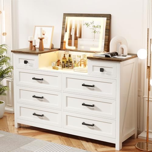 Drawer Dresser White - LED 거울이 있는 서랍장, 8개 서랍,