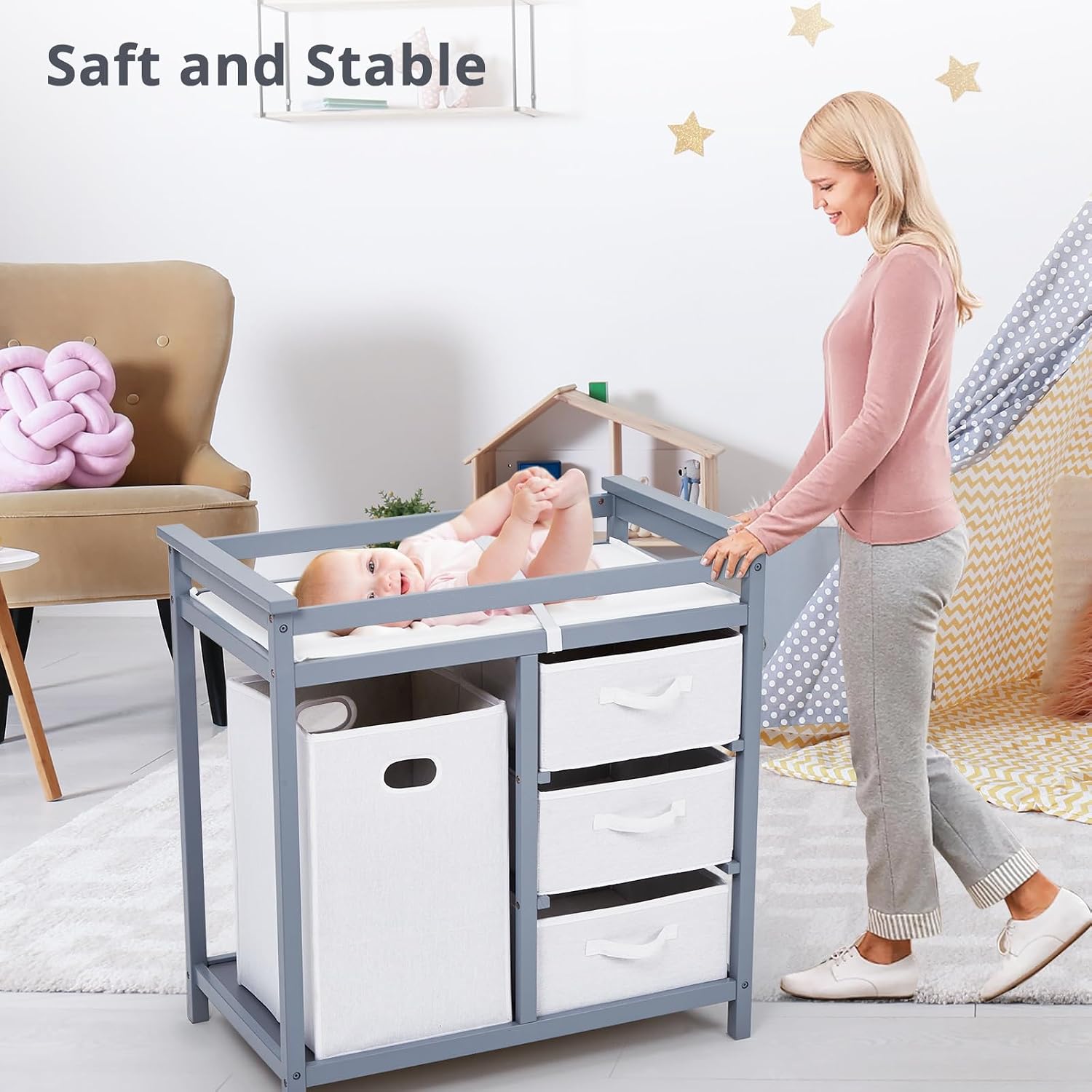 아기 기저귀 교환대(패드 포함), 3단 서랍, 세탁 바 - Baby Nursery Unit 리뷰 및 가격