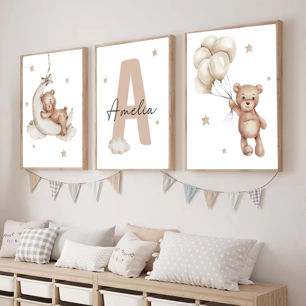3개 세트 맞춤형 아기 이름이 들어간 만화 곰 캔버스  - Baby Nursery Kit 리뷰 및 가격