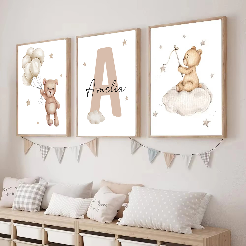 3개 세트 맞춤형 아기 이름이 들어간 만화 곰 캔버스  - Baby Nursery Kit 리뷰 및 가격
