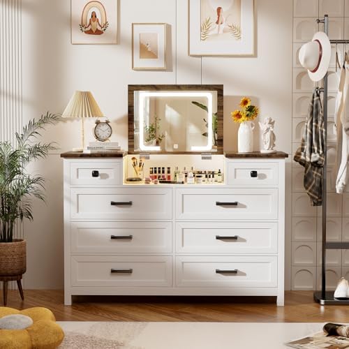 LED 거울이 있는 서랍장, 8개 서랍, 농가 스타일, - Drawer Dresser White 리뷰 및 가격